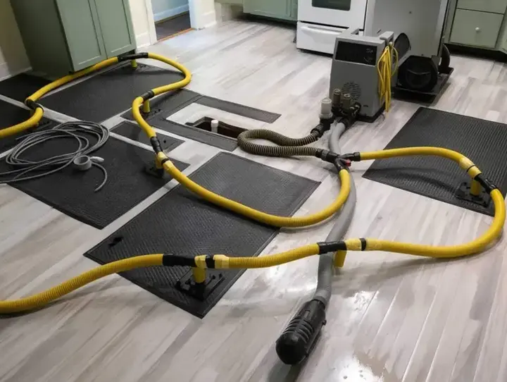 Floor drying mats and hoses pulling water out of a kitchen floor in Garden Grove