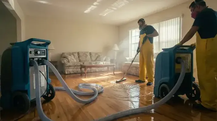 Two technicians extracting water and running a dehumidifier in a flooded Garden Grove living room