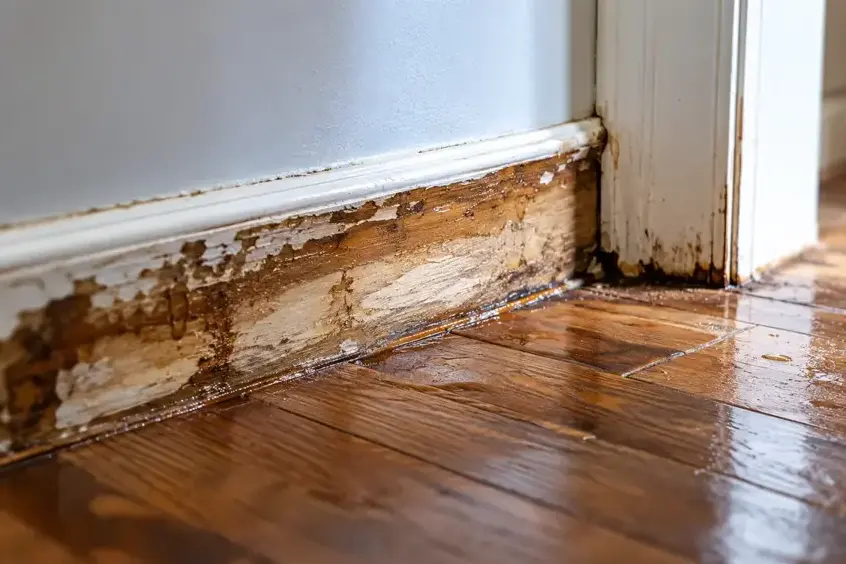 Water damaged baseboard and wet wood floor from a slab leak in a Garden Grove home
