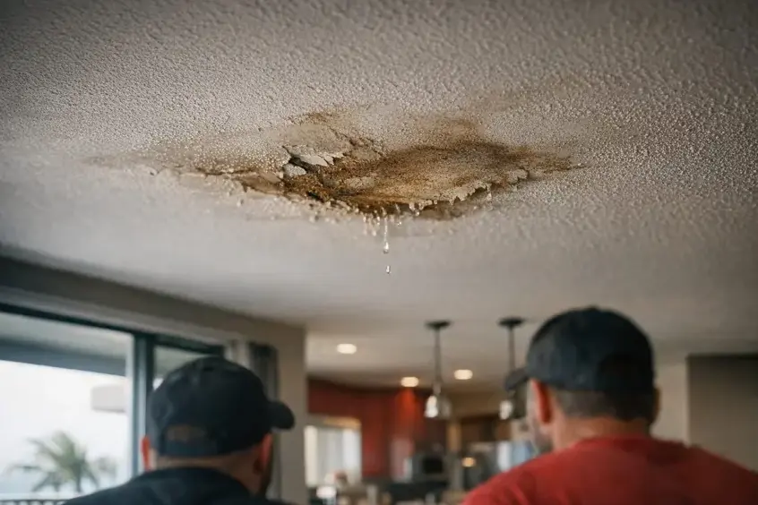 Two residents looking up at a leaking water-stained ceiling in a Garden Grove condo