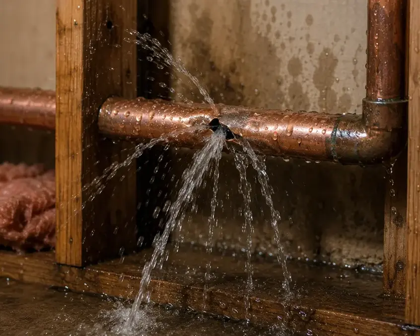 Copper supply pipe spraying water inside an open wall in Garden Grove