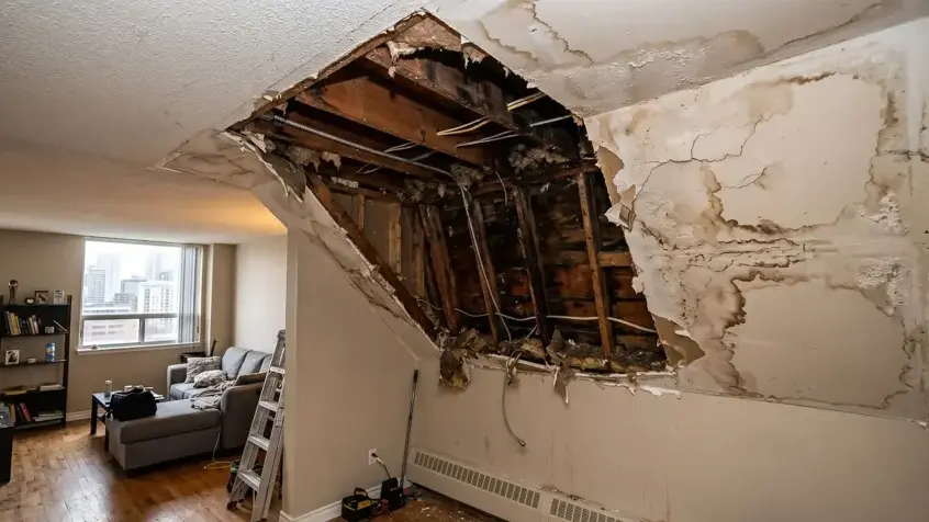 Collapsed water-damaged ceiling opened above a living room in Garden Grove