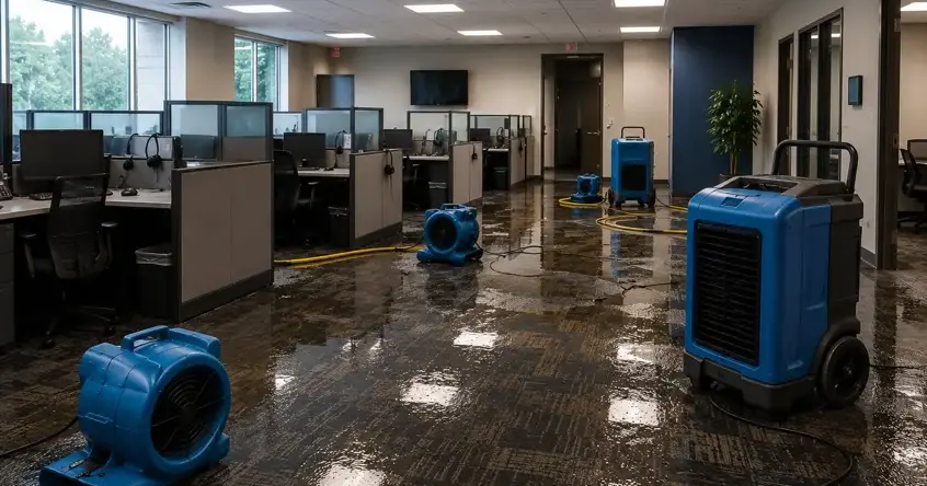 Air movers and a dehumidifier drying a wet office floor in Garden Grove