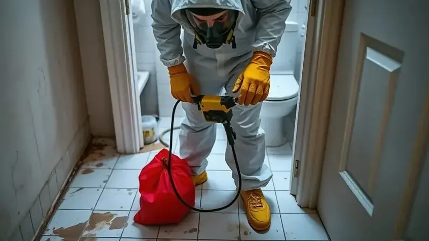 Technician in a protective suit and respirator cleaning a sewage backup in a Garden Grove bathroom