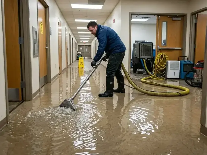 Technician running an extraction wand through standing water in a hallway in Garden Grove
